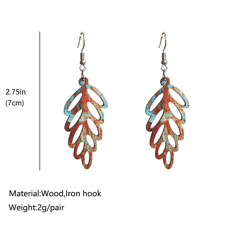Wholesale Colorful Bohemian retro distressed hollow leaf wood earrings